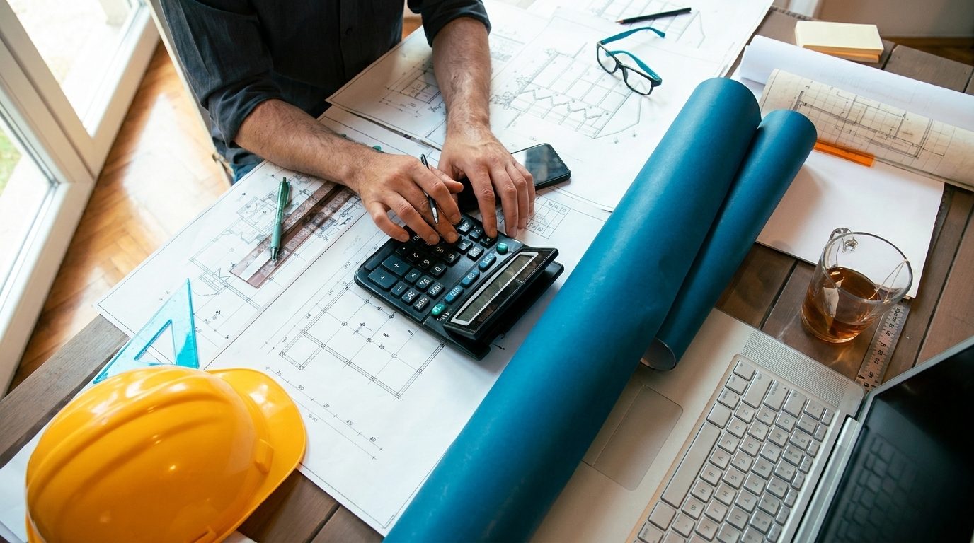 Plans de chantier, calculatrice et casque posés sur un bureau