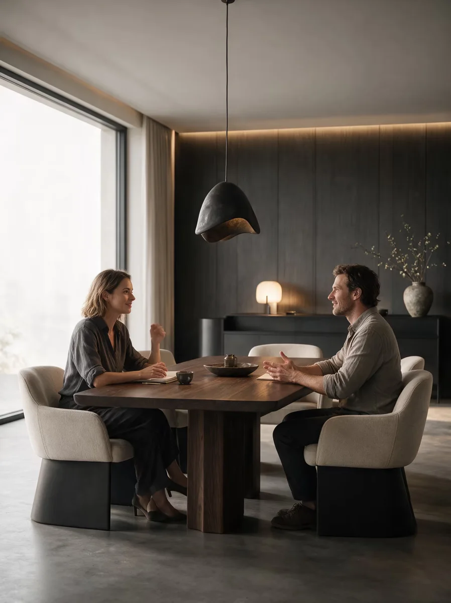 Deux personnes échangeant autour d'une table lors d'un rendez-vous conseil